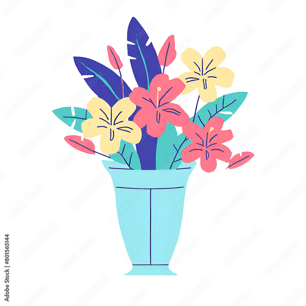 multicolor cartoon flowers in a pot isolated on white background, transparent png graphic, vector image illustration banner