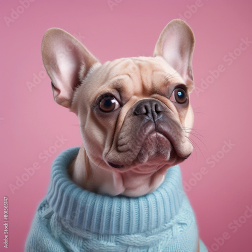 french bulldog portrait wearing a blue sweater on pink background. 