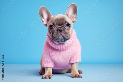 french bulldog portrait wearing a pink sweater on blue background. 