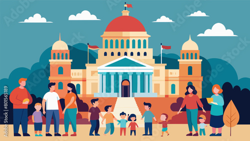 Amidst the splendor of the state capitols grand architecture families gather to enjoy a day of festivities and fun honoring the birth of our nation.. Vector illustration
