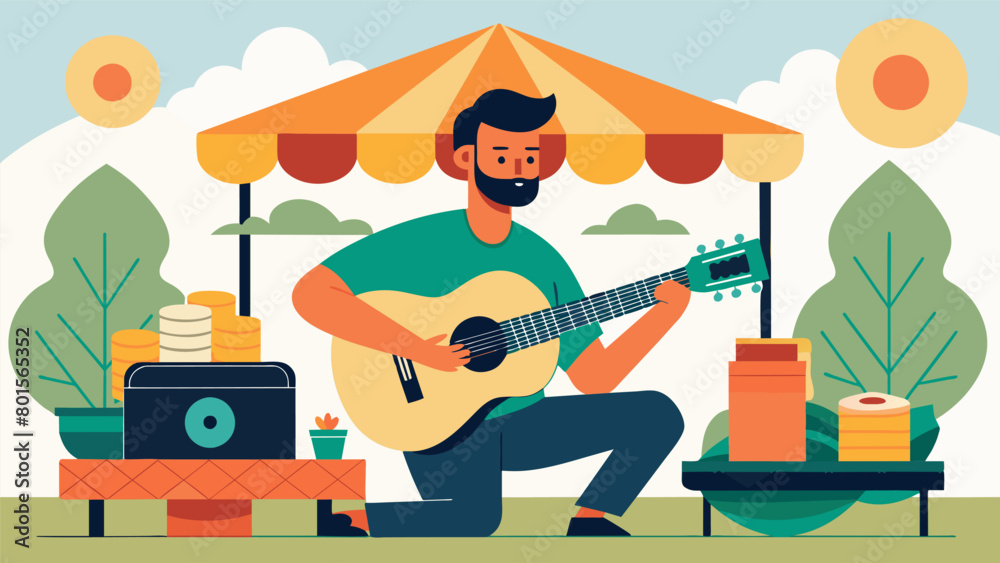 A man pulls out his guitar at a local farmers market performing and selling his handmade CDs as a side hustle while also promoting his music. A man pulls out his guitar at a local farmers market performing and selling his handmade CDs as a side hustle while also promoting his music.