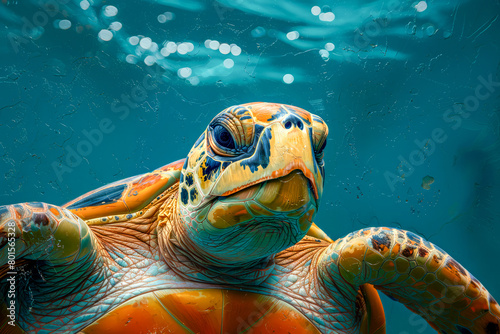Green sea turtle swimming in the ocean. Close-up view.