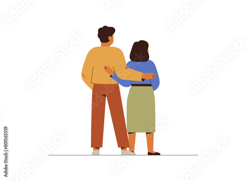 Young couple hugging from behind back view. Asian man and woman embracing and looking forward. People in love, two friends, family relationship concept. Vector illustration
