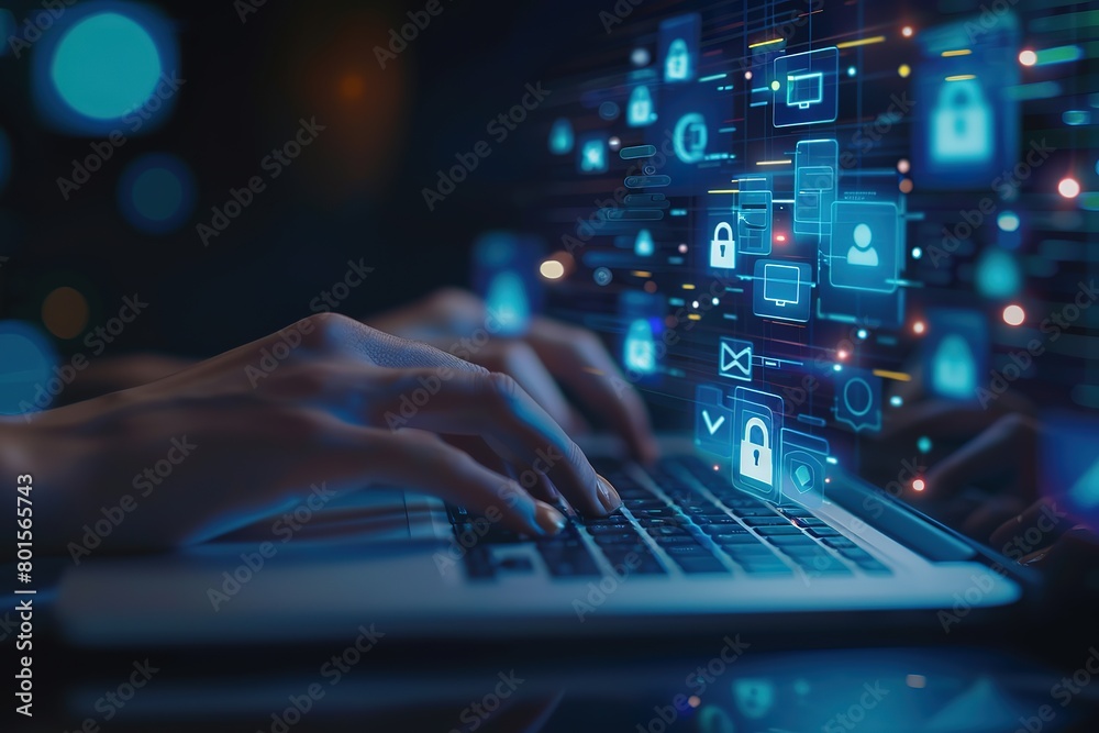 A person typing on a laptop with digital security icons floating above A person typing on a laptop with digital security icons floating above