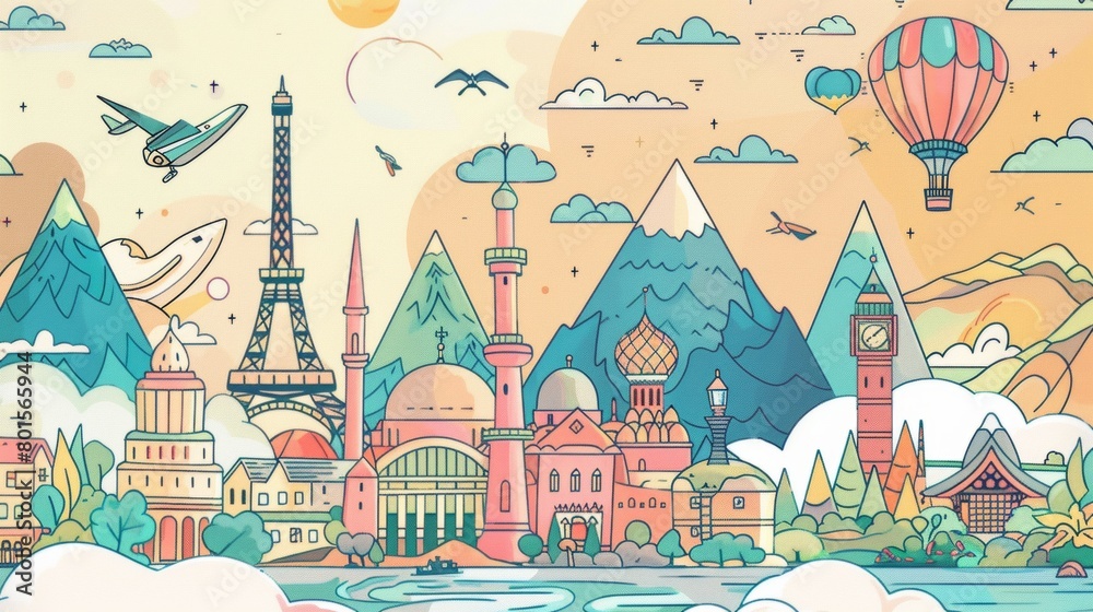 Whimsical line art characters exploring various destinations and attractions. Whimsical line art characters exploring various destinations and attractions.