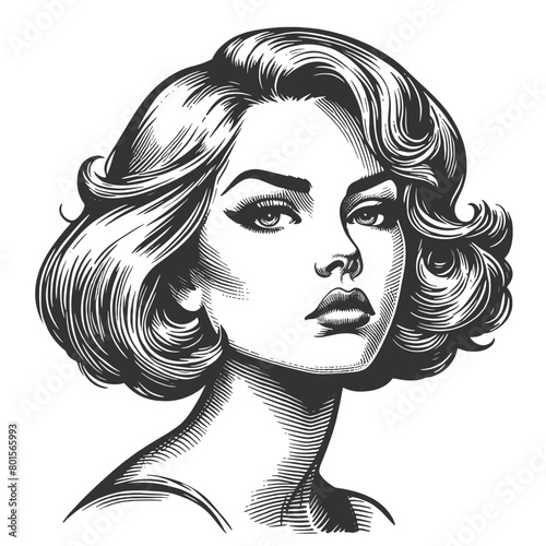 vintage woman pensive expression stylish wavy hairstyle, classic elegance and introspective beauty sketch engraving generative ai fictional character vector illustration. Black and white image.