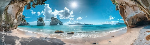 Beach, very clear water, through which you can see the bottom of the sea. Small islands can be seen in the panorama, in the background of which is the clear sky and the bright sun. © DnQajik