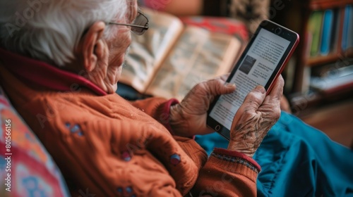 An elderly woman sitting on a couch, focused on a tablet screen in her hands. photo