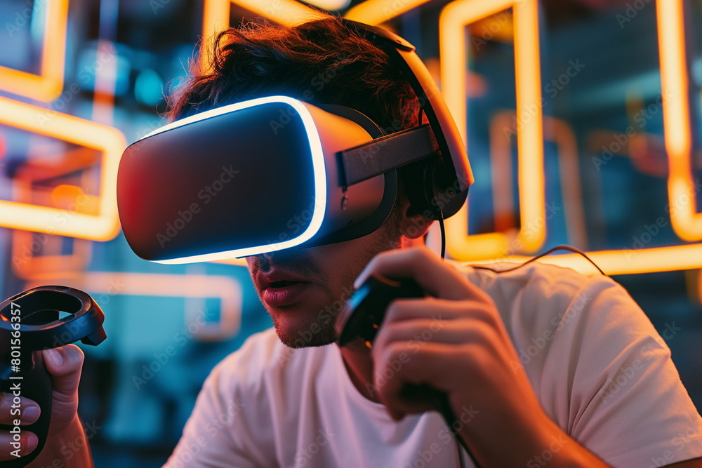 Man immersed in virtual reality gaming with neon lights Man immersed in virtual reality gaming with neon lights
