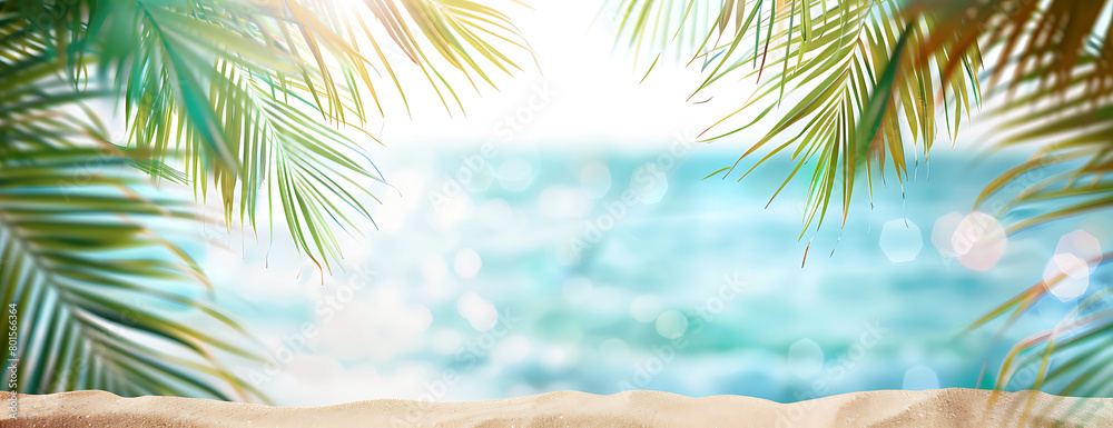 Summer background with tropical palm leaves and sandy beach background banner for summer vacation travel concept