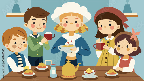 Children dressed in colonial clothing participating in a mock tea party as they learn about the Boston Tea Party and its significance in the fight for. Vector illustration