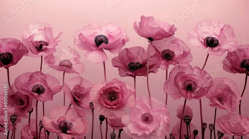   A large collection of pink flowers against a pink backdrop features black centers situated in the flower s heart ..Or  alternatively  Large pink bl