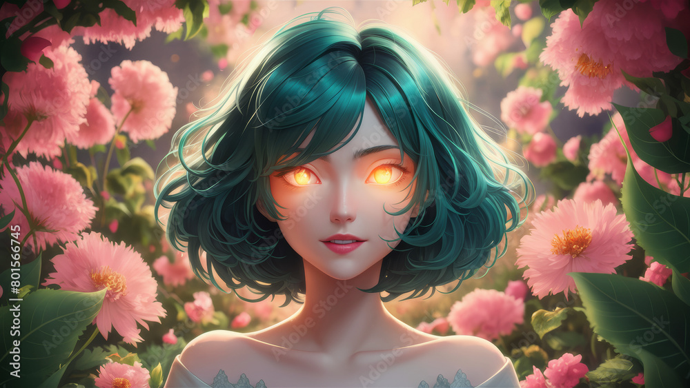 A girl with green hair and glowing eyes among flowers