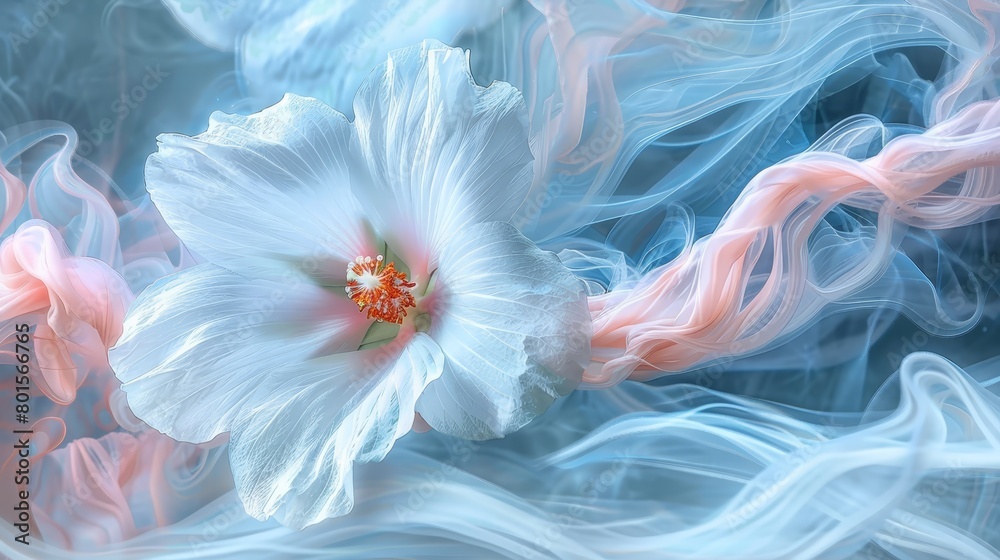   A tight shot of a white bloom against swirling pink and blue backdrop, featuring a nearby pink-white blossom in the foreground
