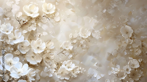 Creamy white background with a textured wall adorned with delicate cream blossoms, creating a serene and elegant atmosphere, perfect for various design projects