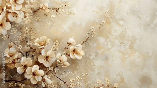 Creamy-white background with a wall adorned by delicate cream-white blossoms, creating a serene ambiance in this Adobe Stock image
