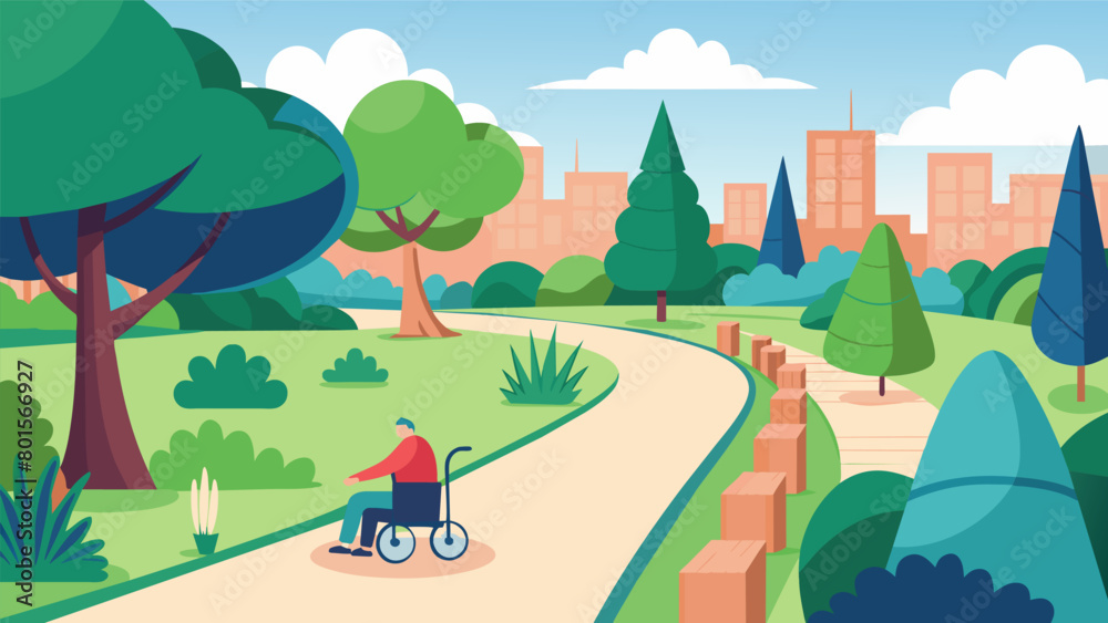 A public garden designed with wheelchairaccessible quiet paths for individuals with physical disabilities.. Vector illustration