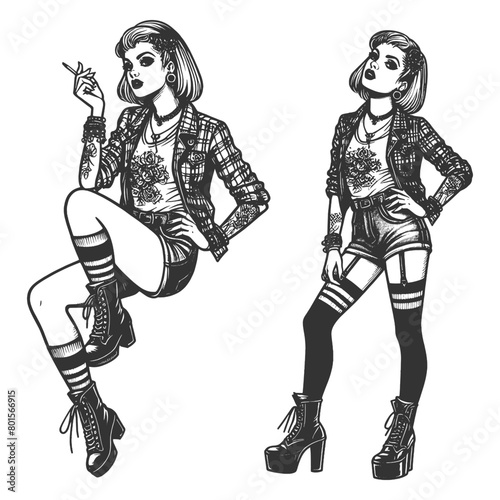 punk women, in dynamic poses, sporting bold outfits with tattoos and platform boots, essence of vintage punk rock fashion sketch engraving generative ai fictional character vector illustration.