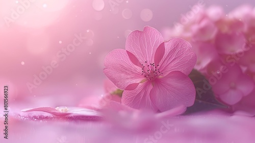   A pink flower  focused closely against a plain pink backdrop  with a softly blurred flower outline in the distant background