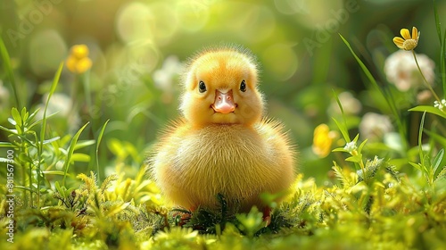   A close-up image of a small yellow duck among green grass and vibrant flowers with a slightly blurred background of yellow flowers © Anna