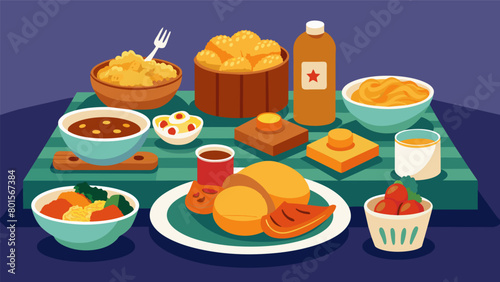 The Juneteenth Soul Food Feast boasts a table filled with classics such as fried catfish candied yams and cornbread stuffing.. Vector illustration