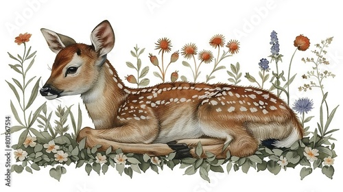   A white background with a painted fawn lying in a field of daisies and wildflowers