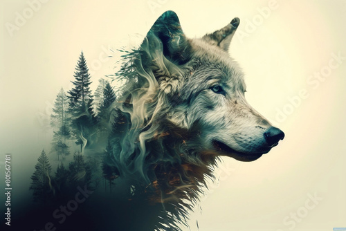 double exposure of a portrait of a wild wolf and woods. 