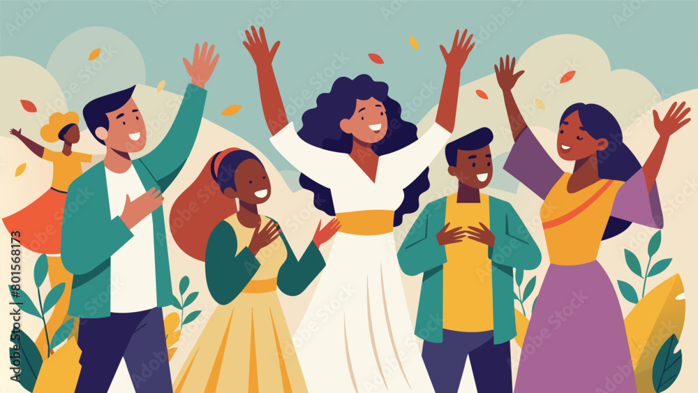 The infectious joy radiating from a gospel choir as they clap stomp and sway to the rhythm spreading a message of hope and perseverance at a. Vector illustration
