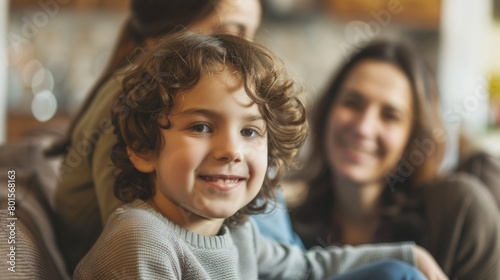 A young boy is seated on a couch next to a woman  both looking towards the camera with a neutral expression.