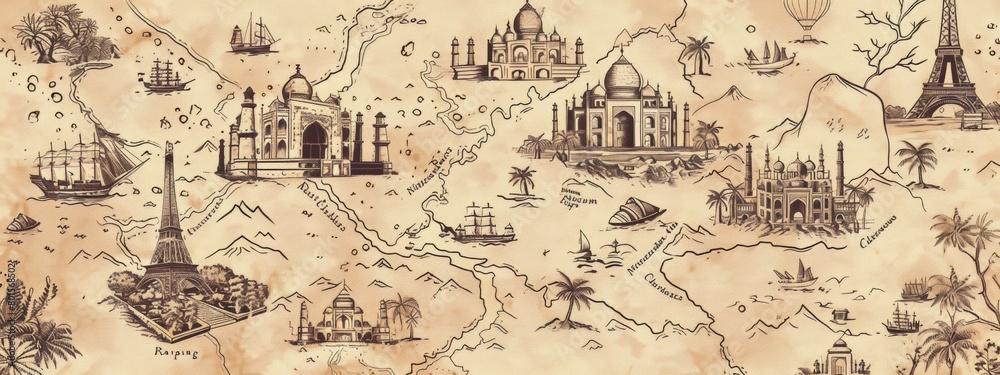 Fototapeta premium A detailed line art illustration of a vintage map, highlighting key landmarks and destinations.