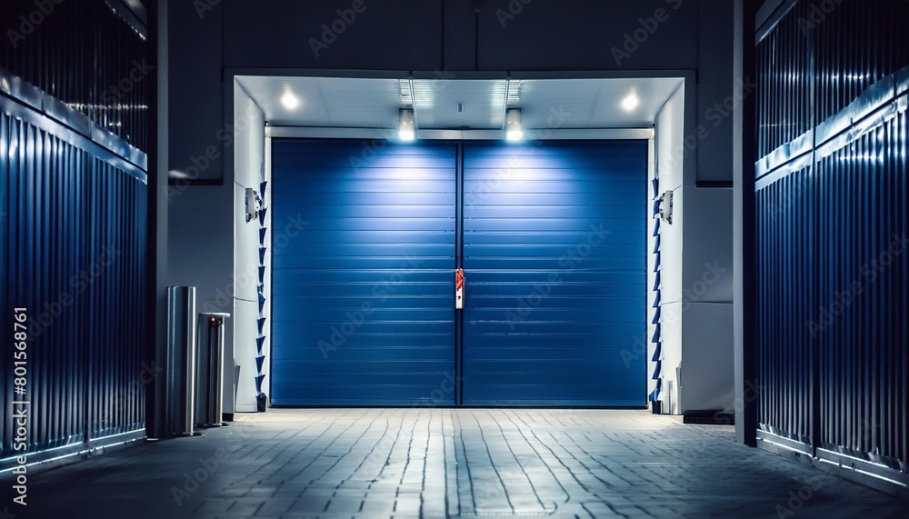 security is paramount at the warehouse entry with blue doors and protective lighting