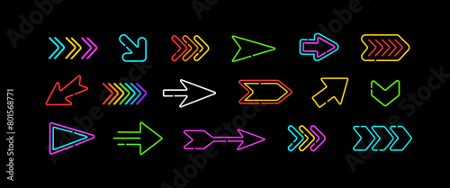 Perfect Colorful Arrow icon set. Vector Neon glowing arrow pointer on black background. Editable Web Arrows signs Pointers symbols and elements