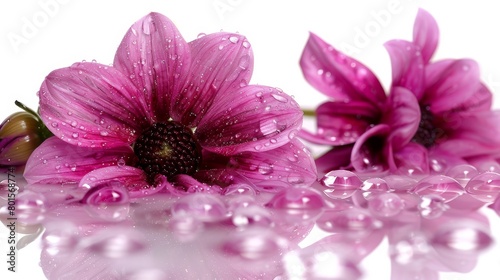   Close-up of a pink flower with water droplets and reflective image in the water