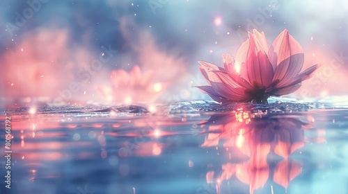   A pink flower floats atop a serene body of water  surrounded by a sky adorned with pink and blue clouds