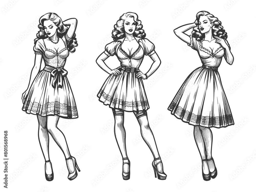 woman in retro fashion posing in three different stylish manners femininity sketch engraving generative ai fictional character vector illustration. Scratch board imitation. Black and white image. woman in retro fashion posing in three different stylish manners femininity sketch engraving generative ai fictional character vector illustration. Scratch board imitation. Black and white image.