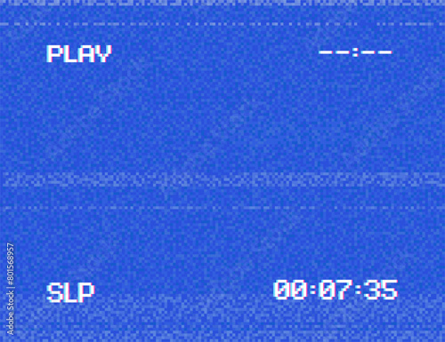 Retro VHS blue screen and video player interface with pixelated noise effect editable vector background