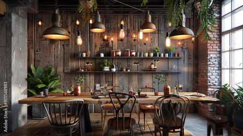 A rustic dining area with a reclaimed wood table, mismatched chairs, and pendant lights hanging at different heights. photo