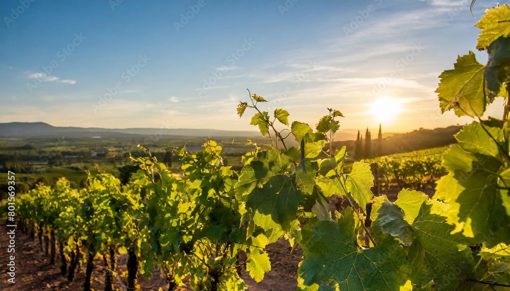 the sun is setting over a vineyard with vines in the foreground generative ai