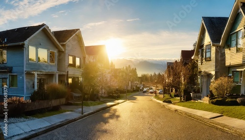residential neighborhood street in modern city suburbs sunny spring morning sunrise fraser heights surrey greater vancouver british columbia canada panorama