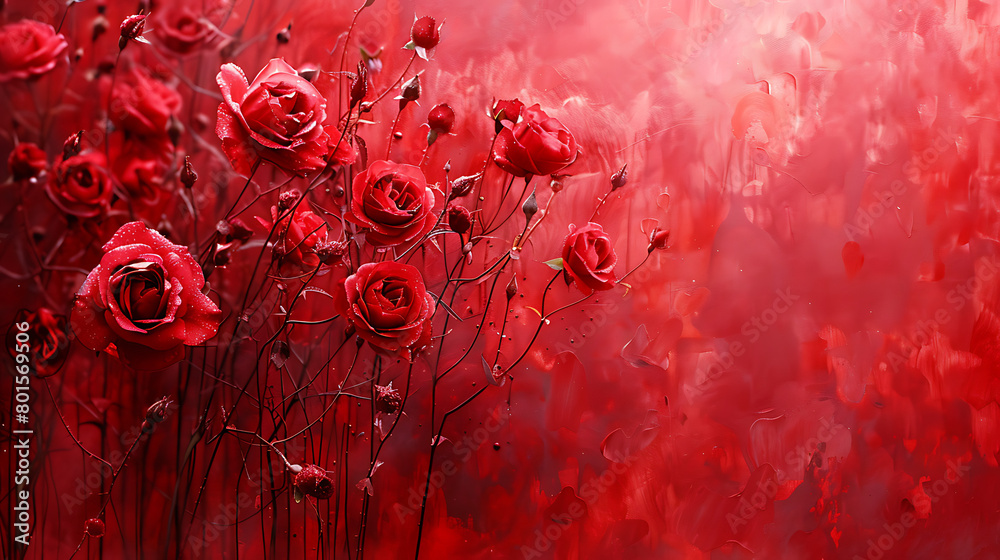 Vibrant red backdrop with a textured wall adorned by crimson roses, creating a bold and romantic atmosphere perfect for diverse creative projects Vibrant red backdrop with a textured wall adorned by crimson roses, creating a bold and romantic atmosphere perfect for diverse creative projects