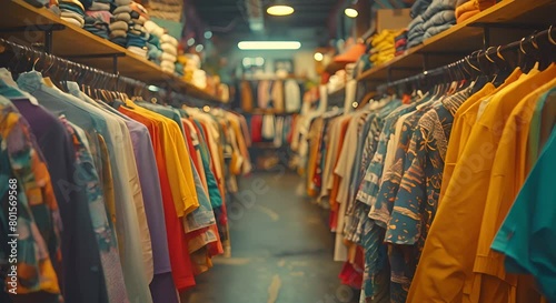 Secondhand clothes racks with assorted garments for sale at a charity shop. Concept Secondhand Clothing, Charity Shop, Assorted Garments, Garment Racks, Sustainable Fashion photo