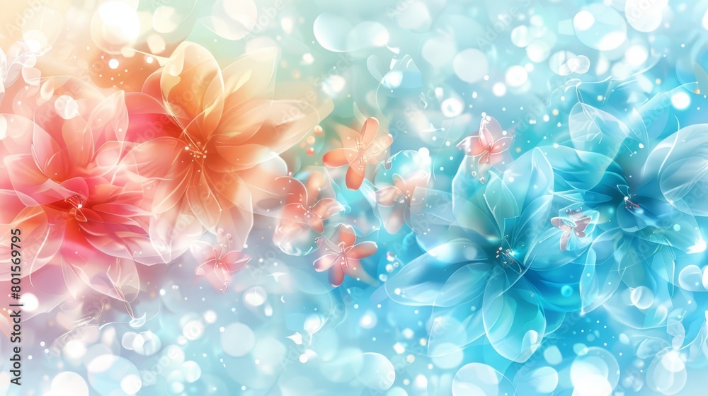   A tight shot of various blooms against a backdrop of blue and pink Background softly blurred, light delicately out of focus