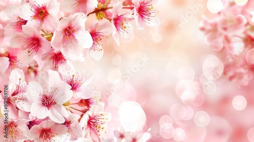   A tight shot of a mass of pink blossoms against a backdrop of white and pink, with a soft focus bokeh of light in the background
