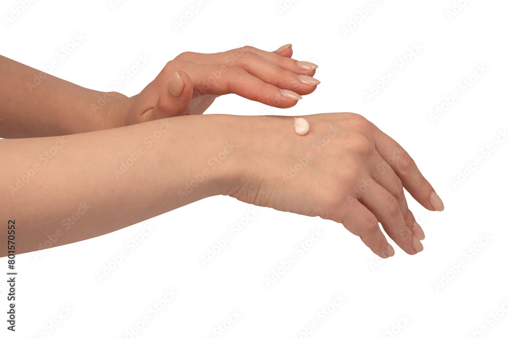 Beige cream tube in woman hands isolated on a white background. Cream swatch on woman hand.