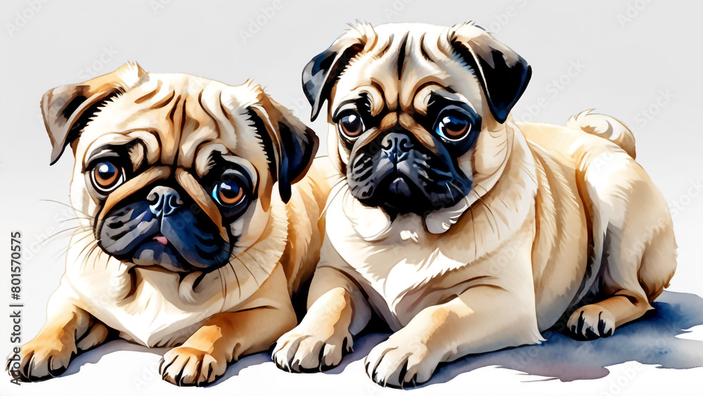Two Pug puppies resting side by side on white backdrop