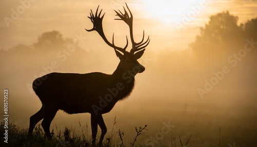 red deer silhouette in the morning mist