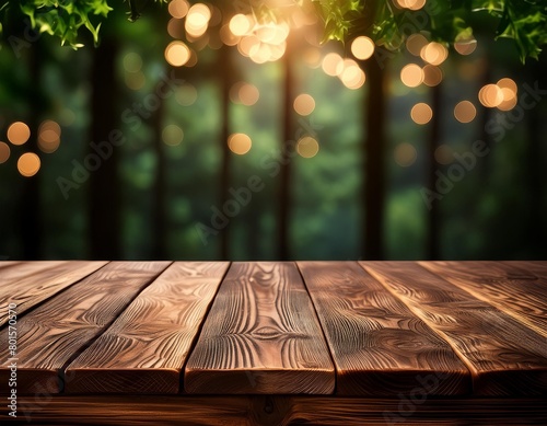 Elegant Wooden Table with Textured Surface and Abstract Blurred Background