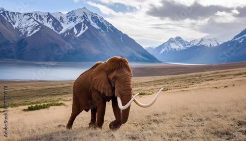 a woolly mammoth with vast pastures and mountains background