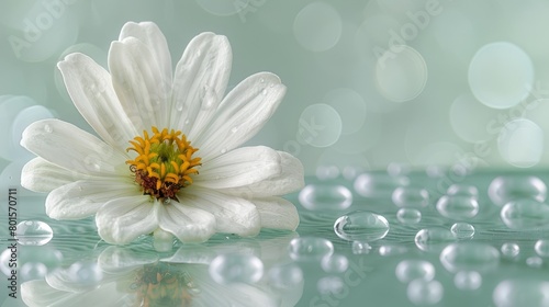   A tight shot of a pristine white flower atop a table  with water droplets gathered below Background softly blurred