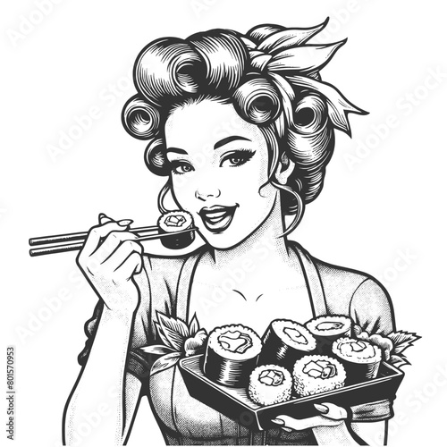 woman eat sushi roll, combining retro style with pleasure of Japanese cuisine sketch engraving generative ai fictional character vector illustration. Scratch board imitation. Black and white image.